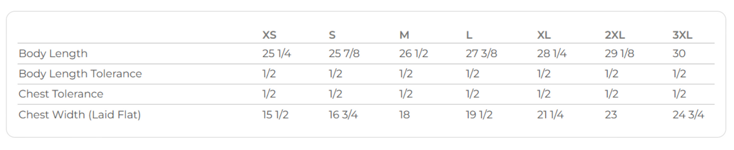A size measurement chart for apparel showing body length, body length tolerance, chest tolerance, and chest width laid flat for sizes XS through 3XL.