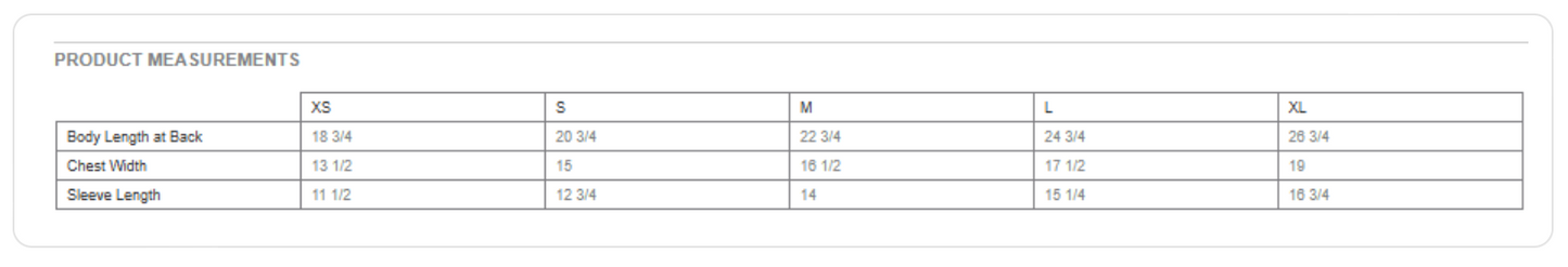 A size measurement chart showing product measurements in inches for sizes X3, S, M, L, and XL, including body length at back, chest width, and sleeve length.