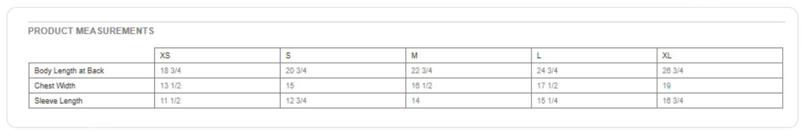 A size measurement chart showing product measurements in inches for sizes X3, S, M, L, and XL, including body length at back, chest width, and sleeve length.